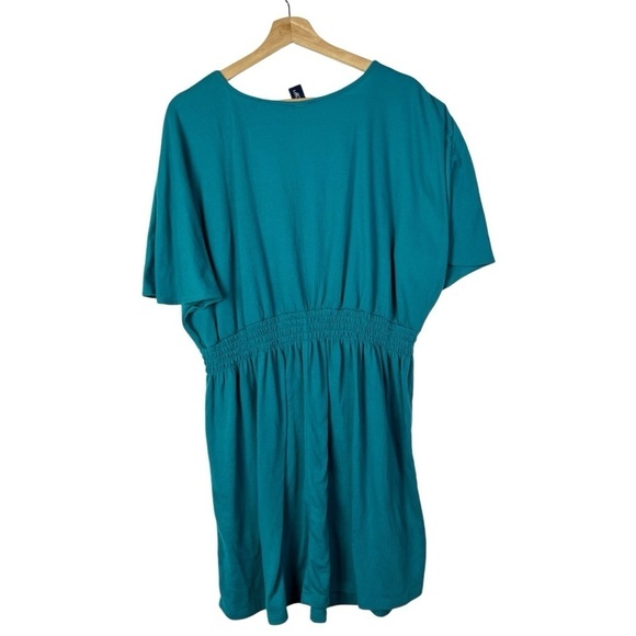 Swimsuits For All Teal Blue Lace Up Short Sleeve Smocked Waist Swim Cover Up 22 - Picture 2 of 4